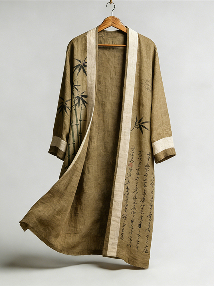 Retro Japanese Bamboo Patterned Linen Flowing Kimono  artssus