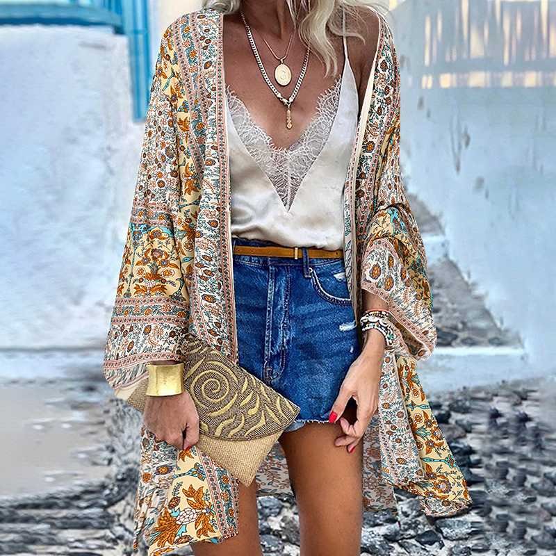 ZANZEA Women Summer Open Front Long Sleeve Blouse Kimono Bohemian Floral Printed Cardigan Vintage Blusas Casual Loose Beach Tops