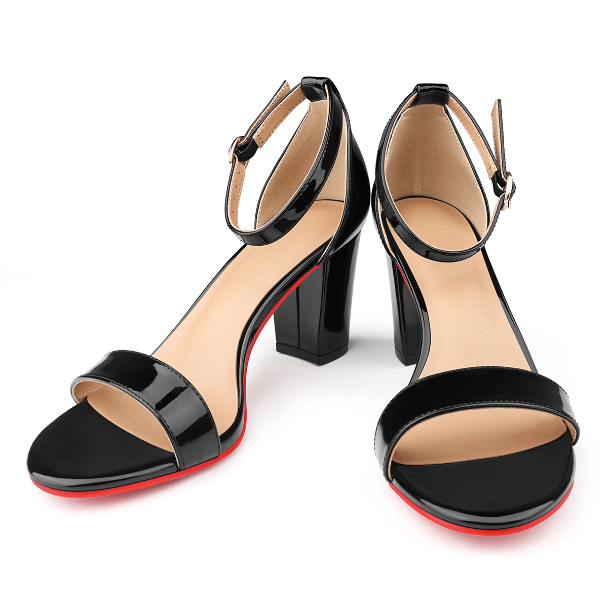 90mm Women's Chunky Heel Sandals Red Bottom High Heels Open Toe Ankle Strap Shoes-MERUMOTE