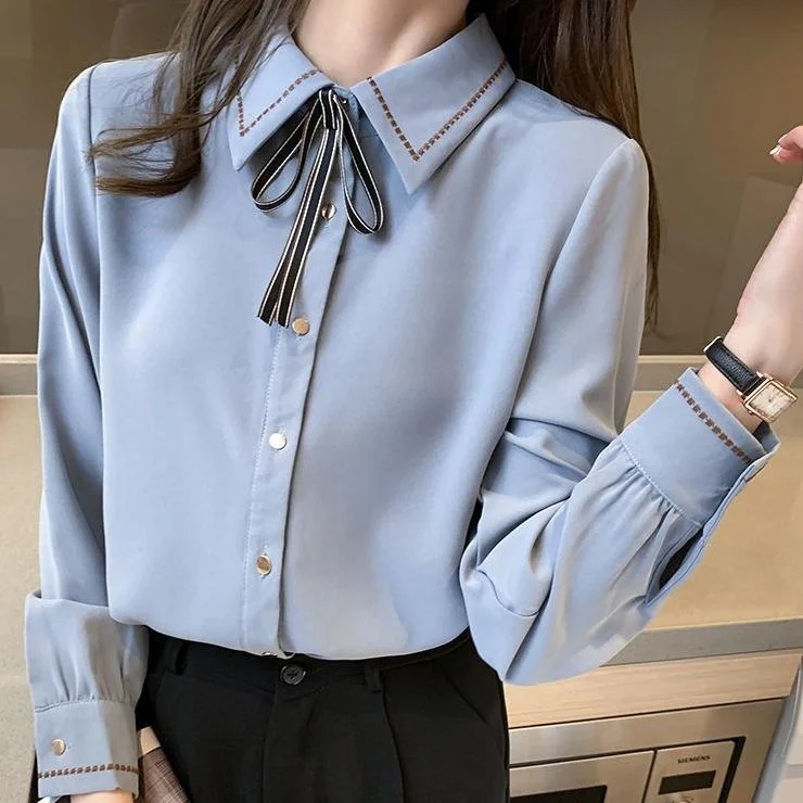 Blue/Apricot/White Bow Embroidered Long Sleeve/Short Sleeve Shirt SP16151