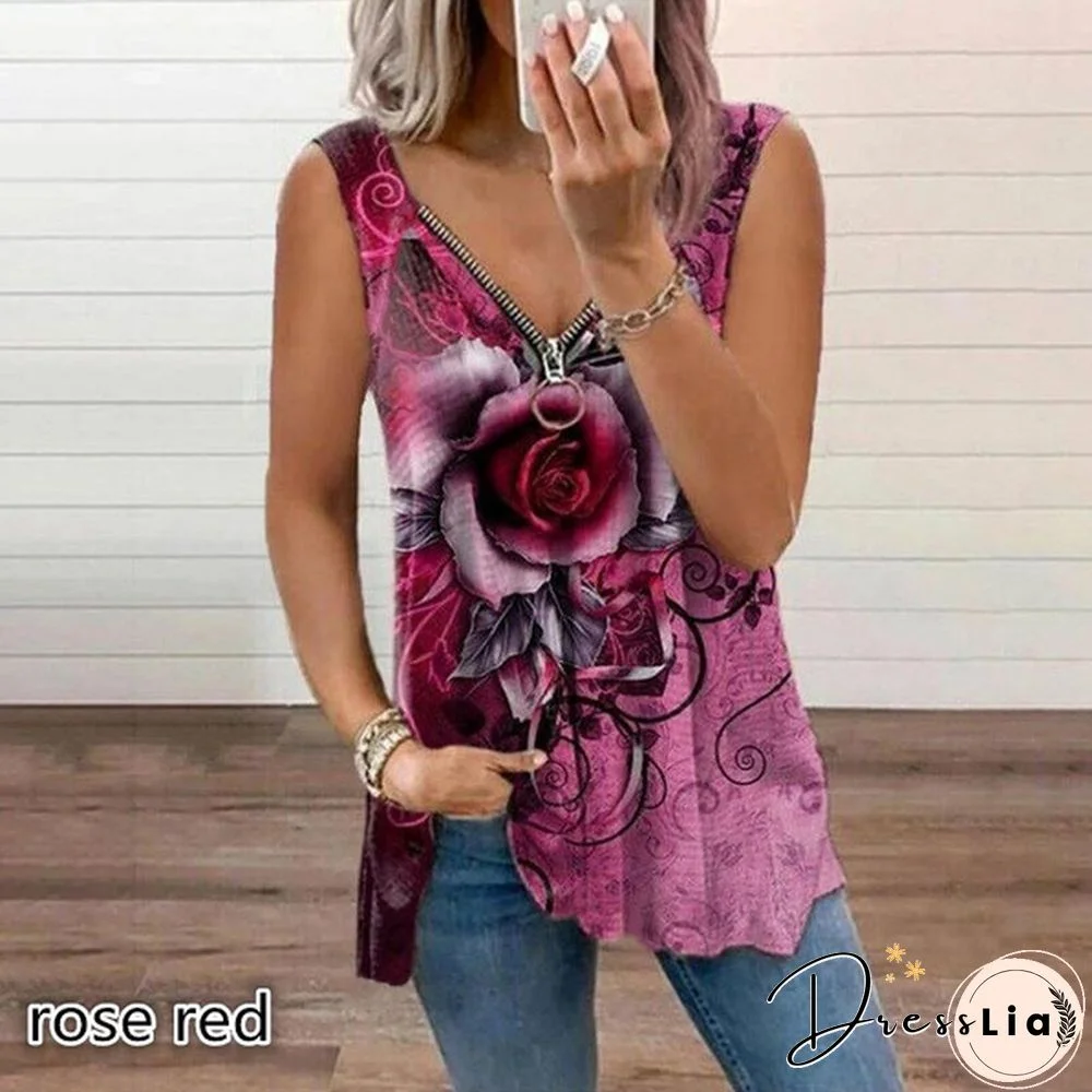 Women's Top Summer New Fashion Rose Flower Printed Casual Plus Size Sleeveless Zipper V-neck Top Loose Soft and Comfortable Tank Top XS-5XL