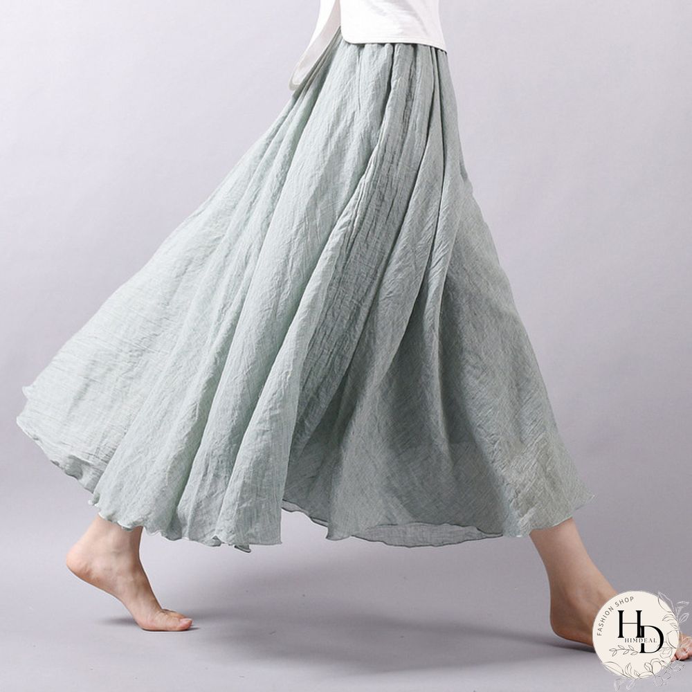 Womens Elegant High Waist Linen Maxi Skirt Summer Ladies Casual Elastic Layers Skirts Saia