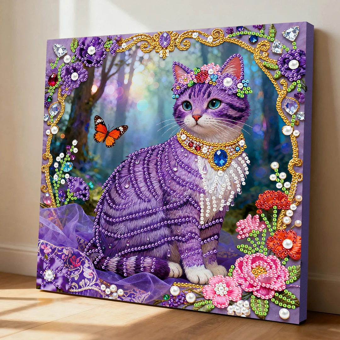 Purple Cat Art Diamond Painting Kit for Adults Home Decor 25x25cm With Frame