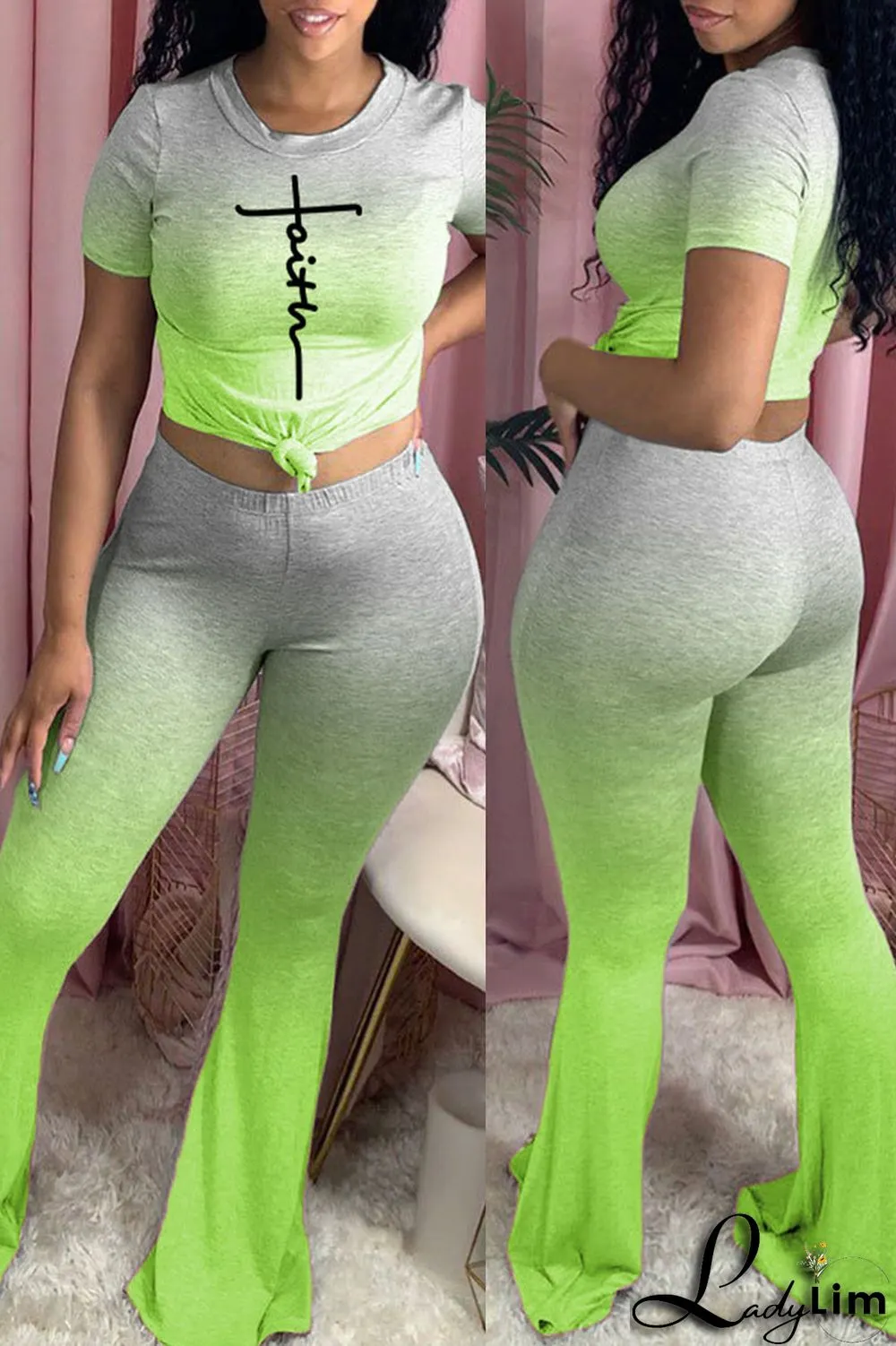 Black Casual Gradual Change Print Split Joint O Neck Short Sleeve Two Pieces