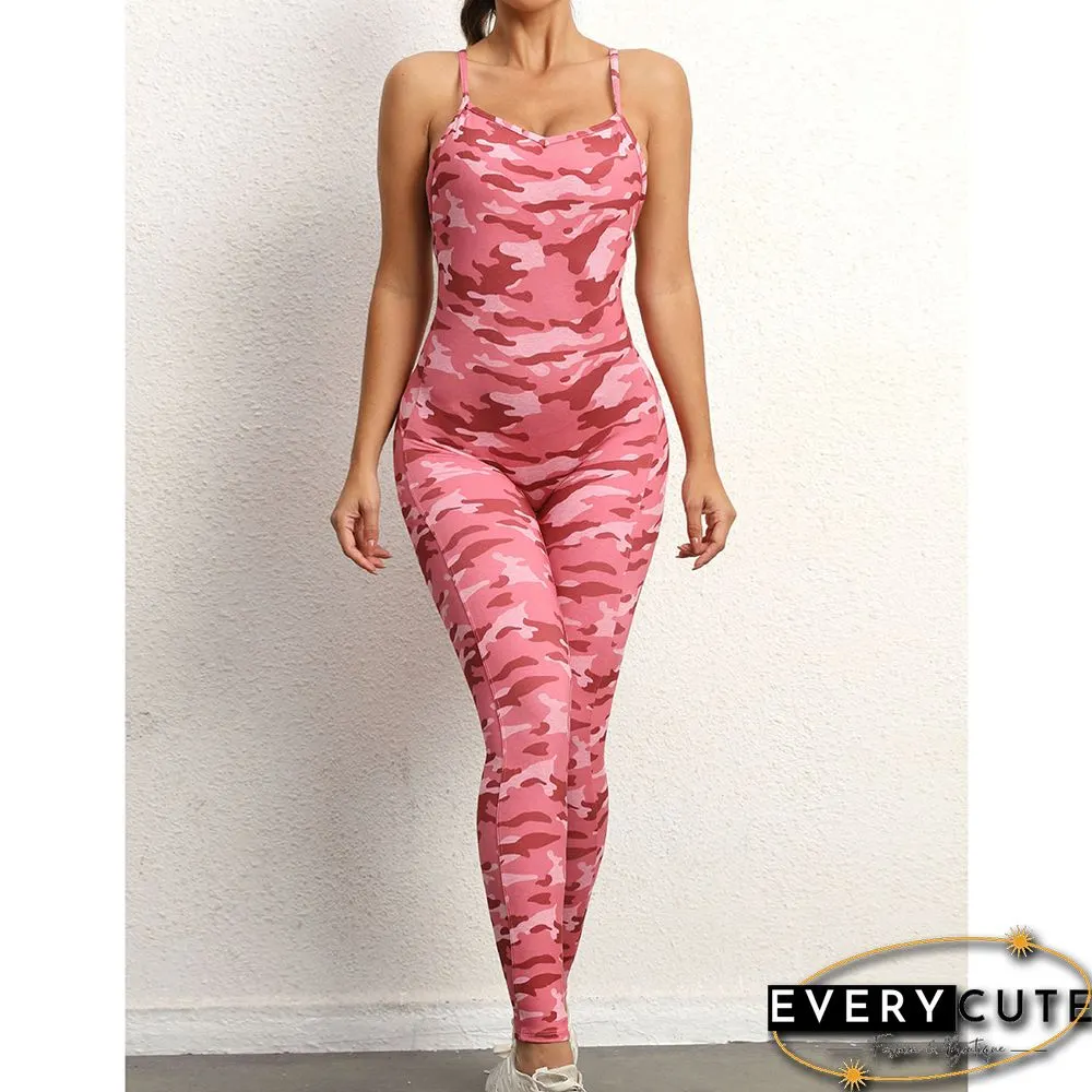 Pink Camo Print Back Criss-cross Nylon Jumpsuit