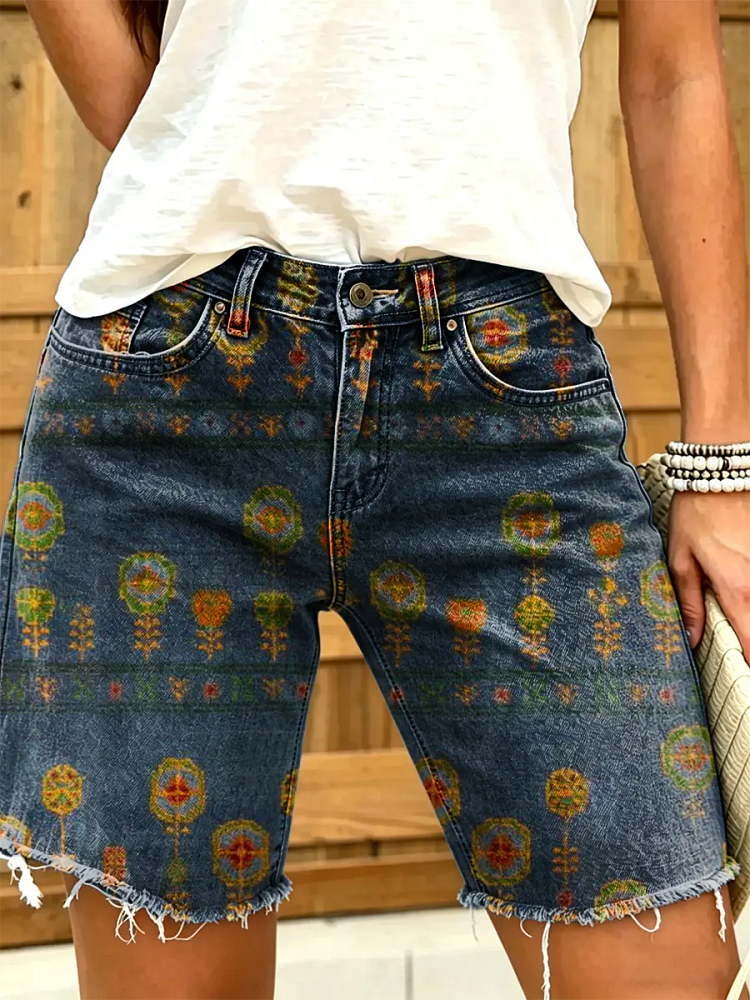 Women's Vintage Floral Print Denim Shorts