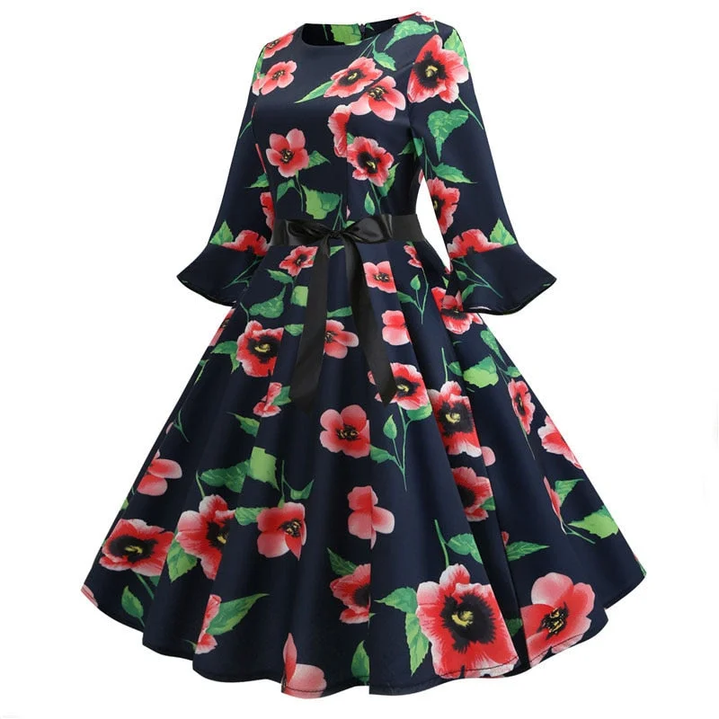 Floral Print Vintage Dress Christmas Dress Women Winter Elegant Party Dresses  Petal Sleeve Casual Midi Dress