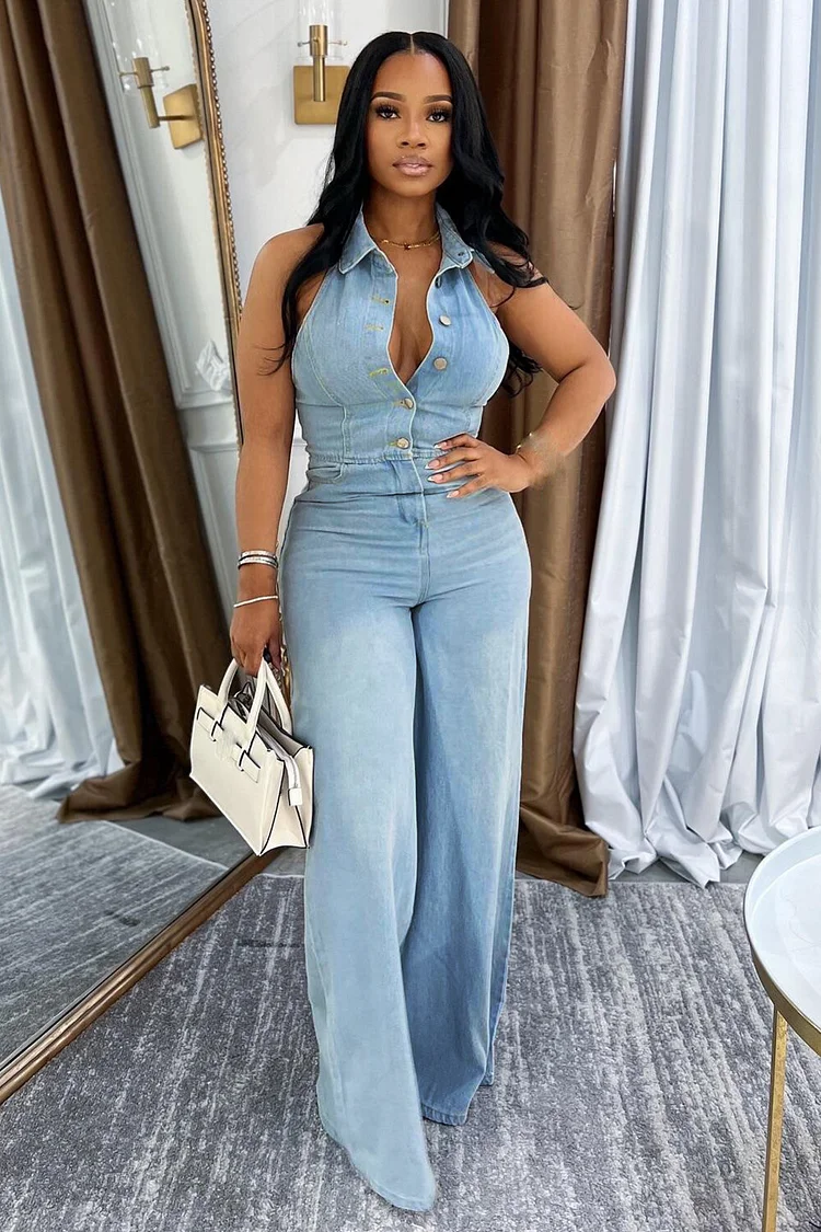 Turndown Collar Button Up Wide Leg Sleeveless Denim Jumpsuit-Blue