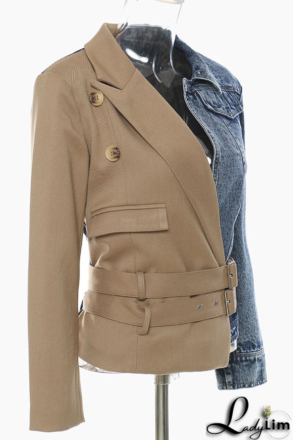 Khaki Street Solid Patchwork Turn-back Collar Outerwear