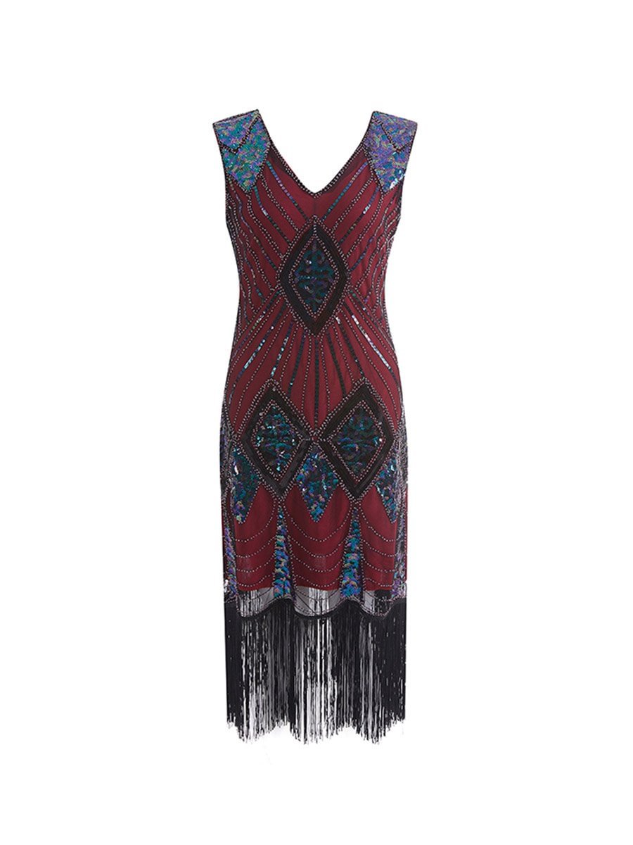 1920s Vintage Dress Color Sequins V-neck Tassel Beaded Evening Dress