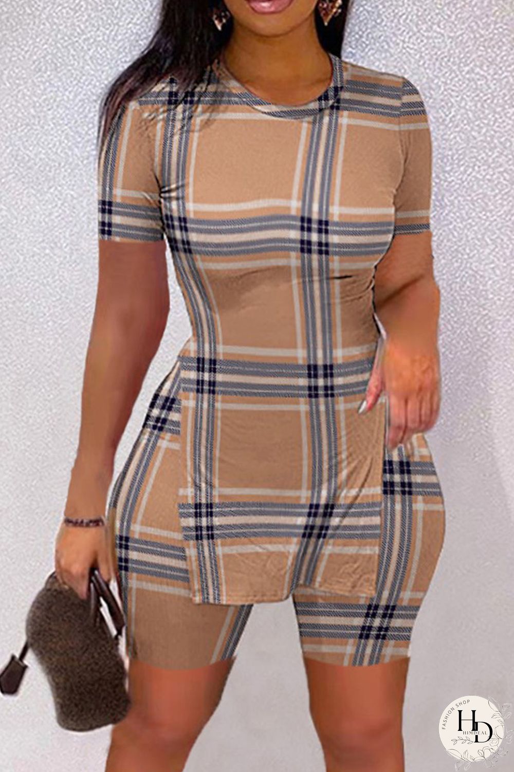 Brown Casual Print Patchwork Slit O Neck Short Sleeve Two Pieces