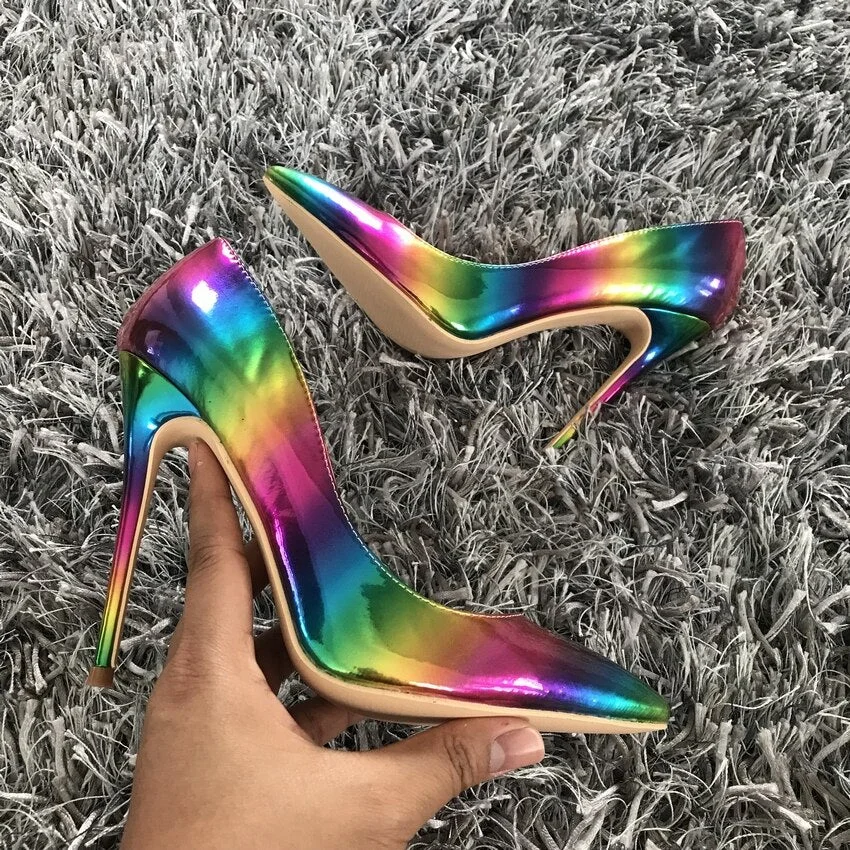 Brand fashion Women Shoes Colorful Rainbow Printed Woman Shoes Sexy Stilettos High Heels 12cm/10cm/8cm Pointed Toe Women Pumps