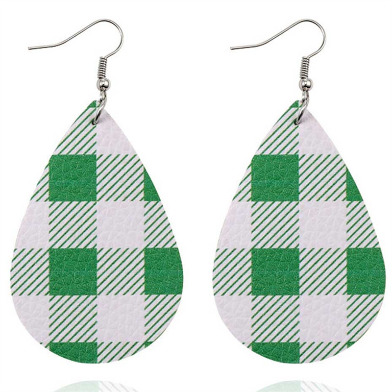 Christmas Casual Dark Green PU Leather Plaid Print Earrings 2024 - Flycurvy 
