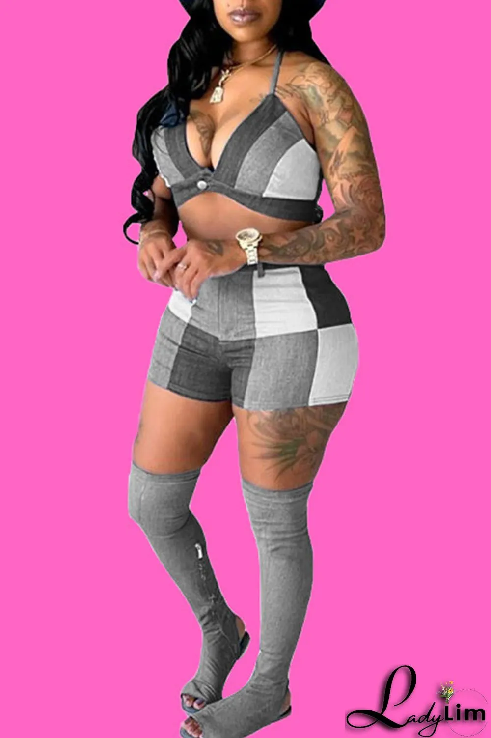 Green Sexy Print Patchwork Halter Sleeveless Two Pieces