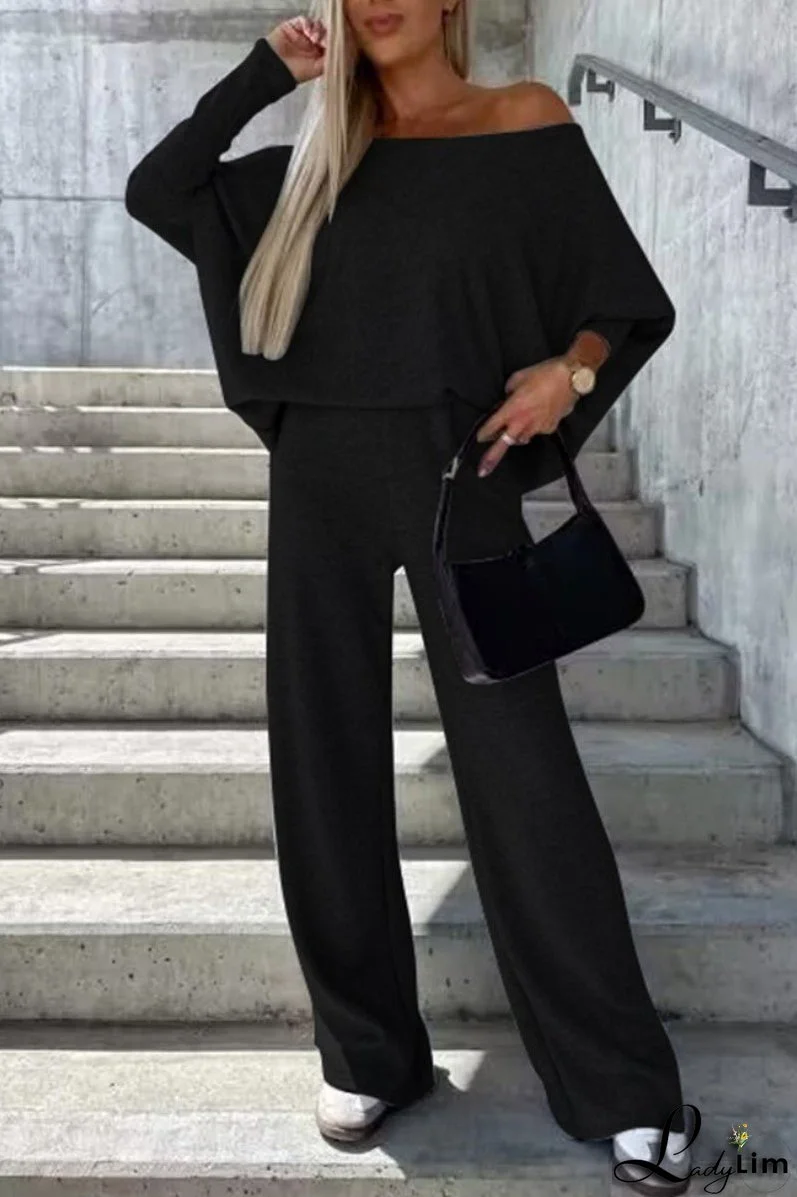 Casual Print Solid Basic Oblique Collar Two Pieces