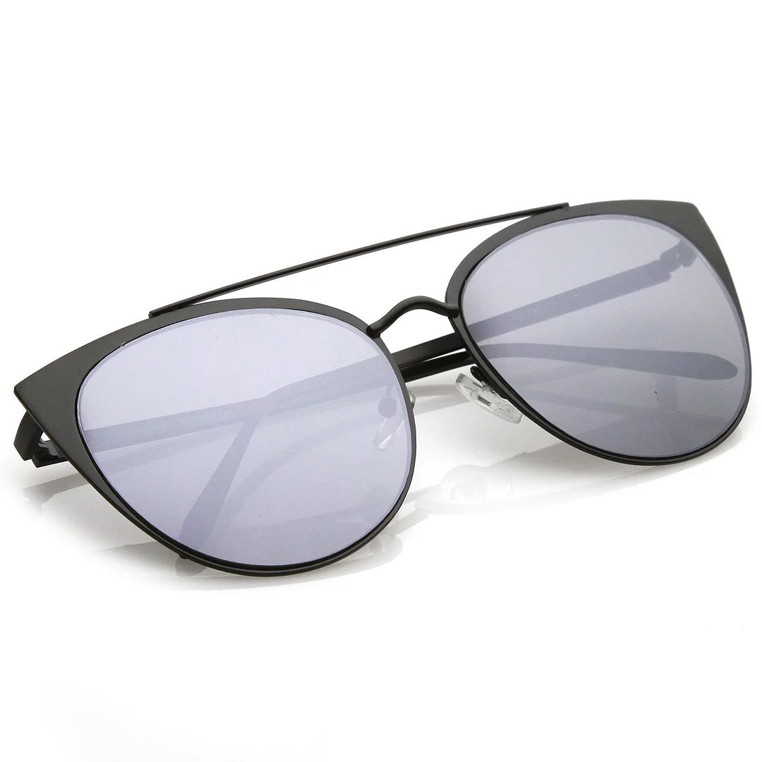 Women's Oversize Metal Crossbar Mirrored Flat Lens Cat Eye glasses 61mm
