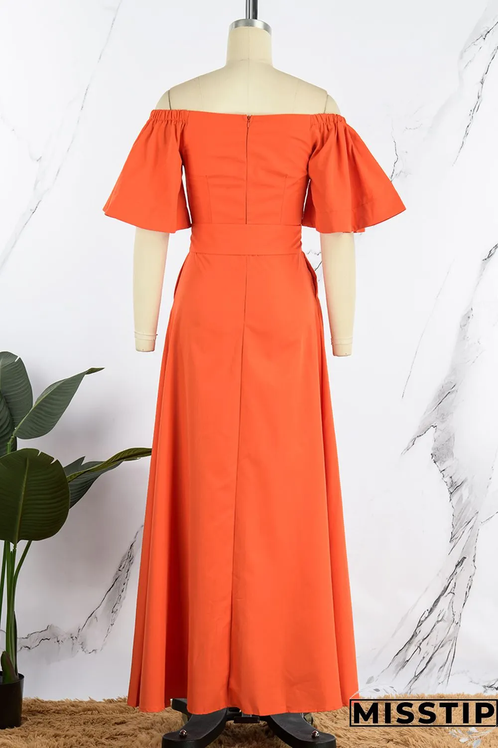 Orange Casual Solid Backless Slit Off the Shoulder Short Sleeve Dress Dresses