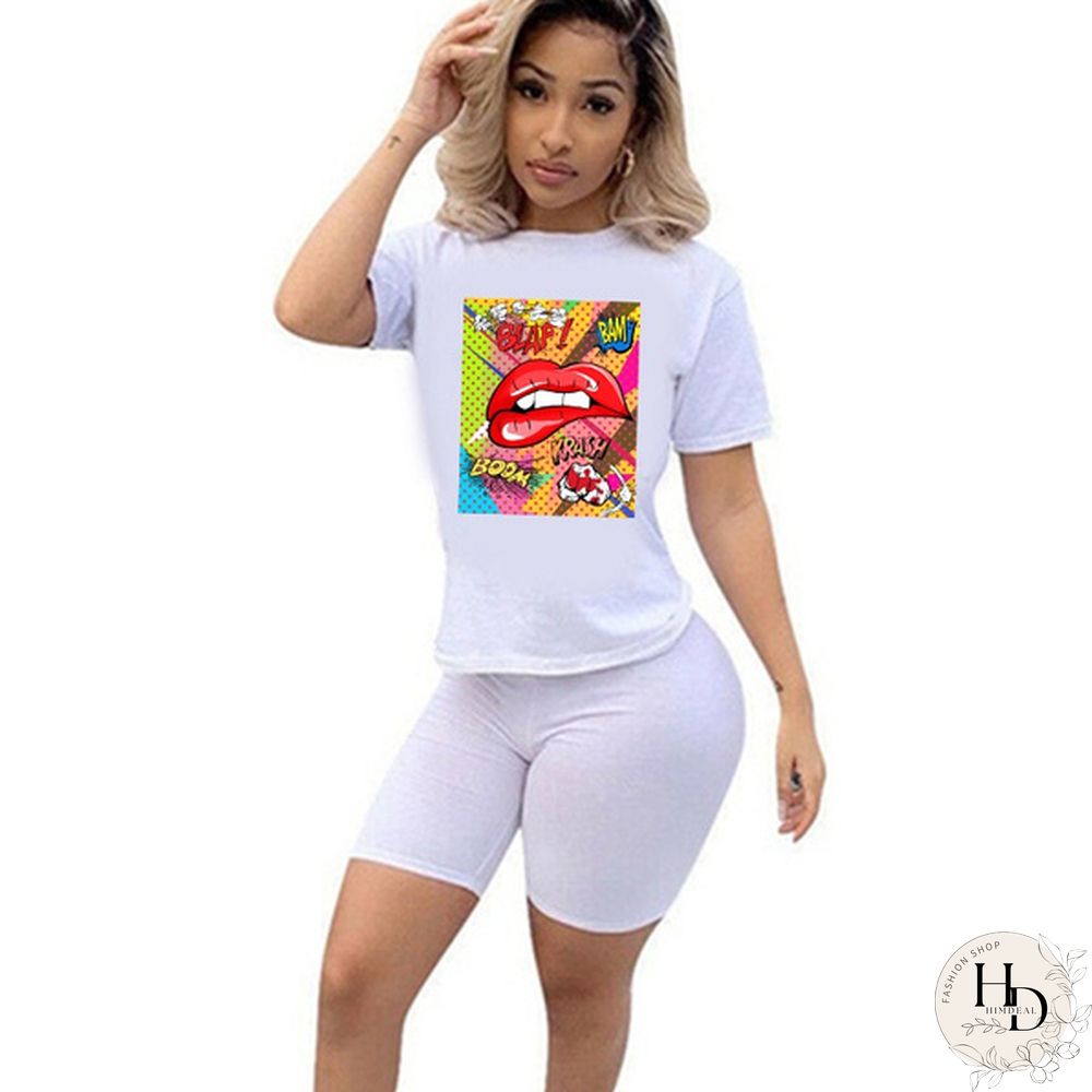 Womens Two Piece Set Cute Nibble Lips Print Short Sleeve Top With Skinny Shorts Pants
