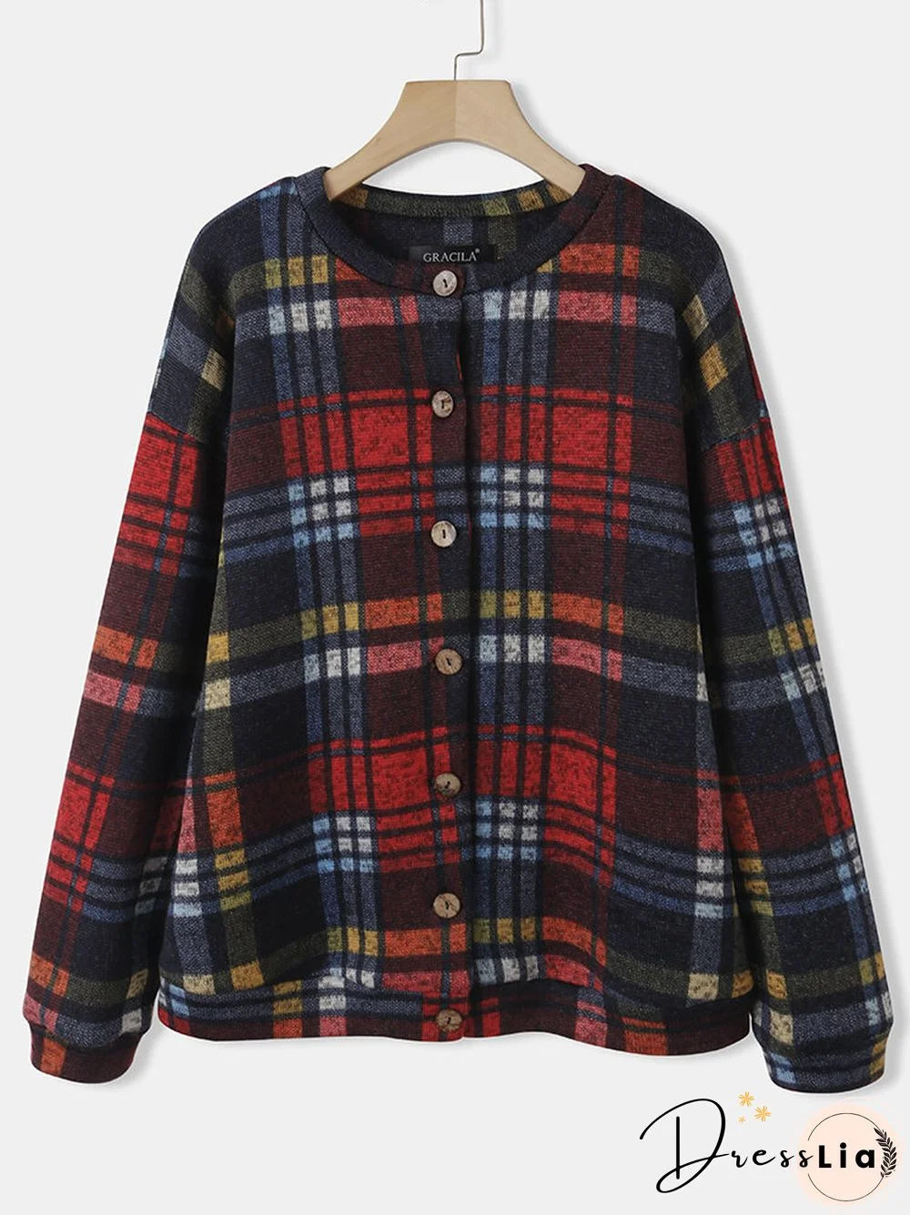 Color Plaid Print Long Sleeves O-neck Button Casual Coat For Women