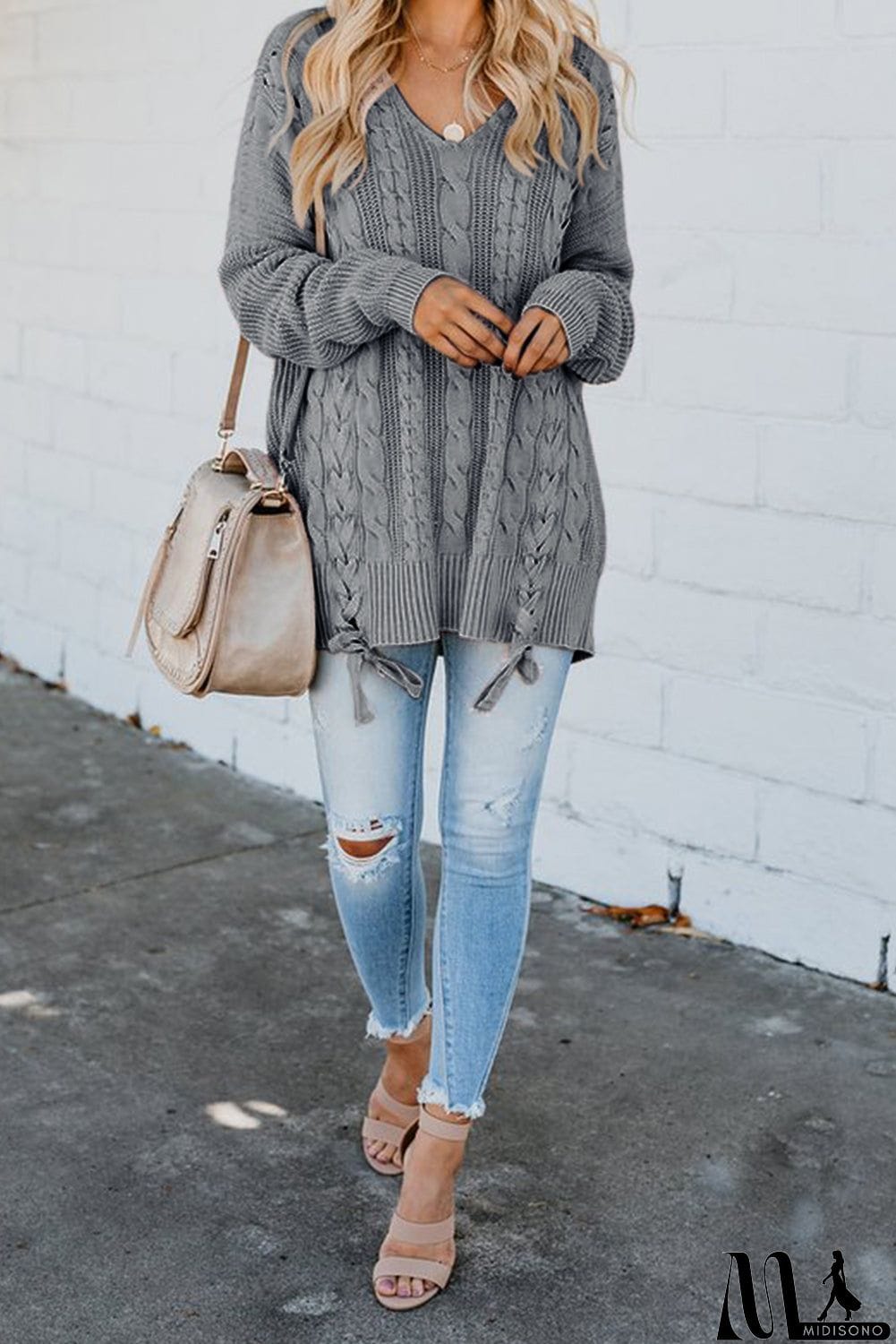 MidiSono - Love Letters Cable Knit Lace Up Sweater