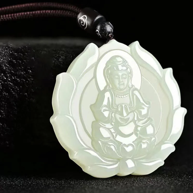 Kwan Yin Avalokitesvara Jade Lotus Abundance String Necklace Pendant