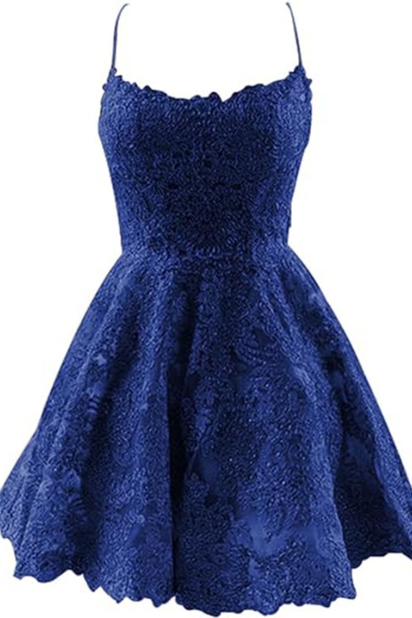 Ovlias Royal Blue Halter Spaghetti Strap Homecoming Dress Pleated with Appliqued CH0040