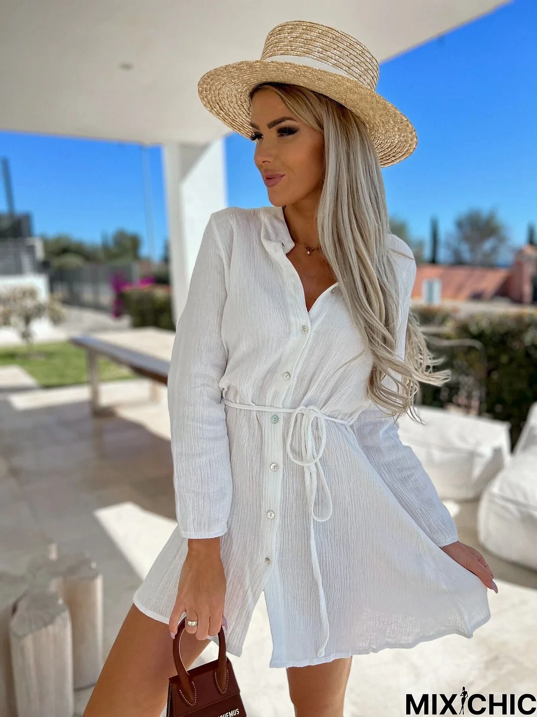 Windy Long Sleeved Shirt Dress with Slim Waist White Dresses