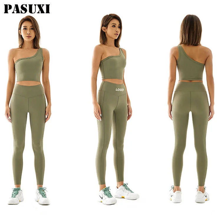 PASUXI Fitness Yoga Wear One Shoulder Bra Sport Gym Set High Waist Leggings Pants Women Seamless Yoga Set huanwei