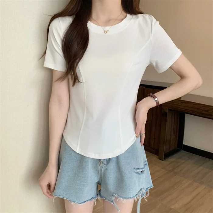 Brownm Brownm Summer New Slim Short-Sleeved T-Shirt Women's Design Sense Short Pure Desire Irregular Hem Curved Top