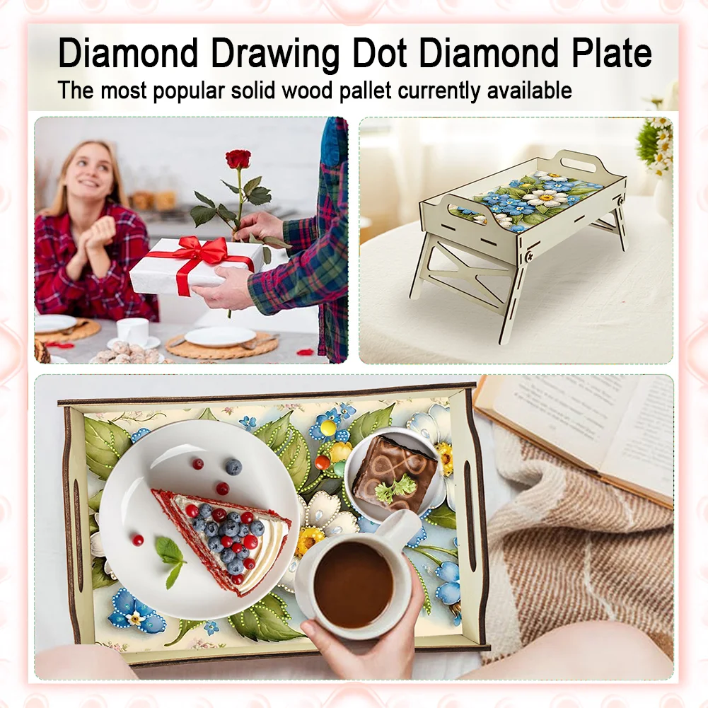 DIY Diamond Painted Dining Plate with Handle Wooden Food Tray Home Decor Gift