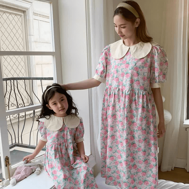 Mommy and Me Lapel Collar Flower Dress