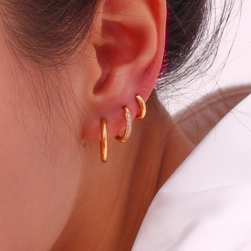 1 Pair Minimalist Round Solid Color Plating Inlay 304 Stainless Steel Zircon 18K Gold Plated Hoop Earrings