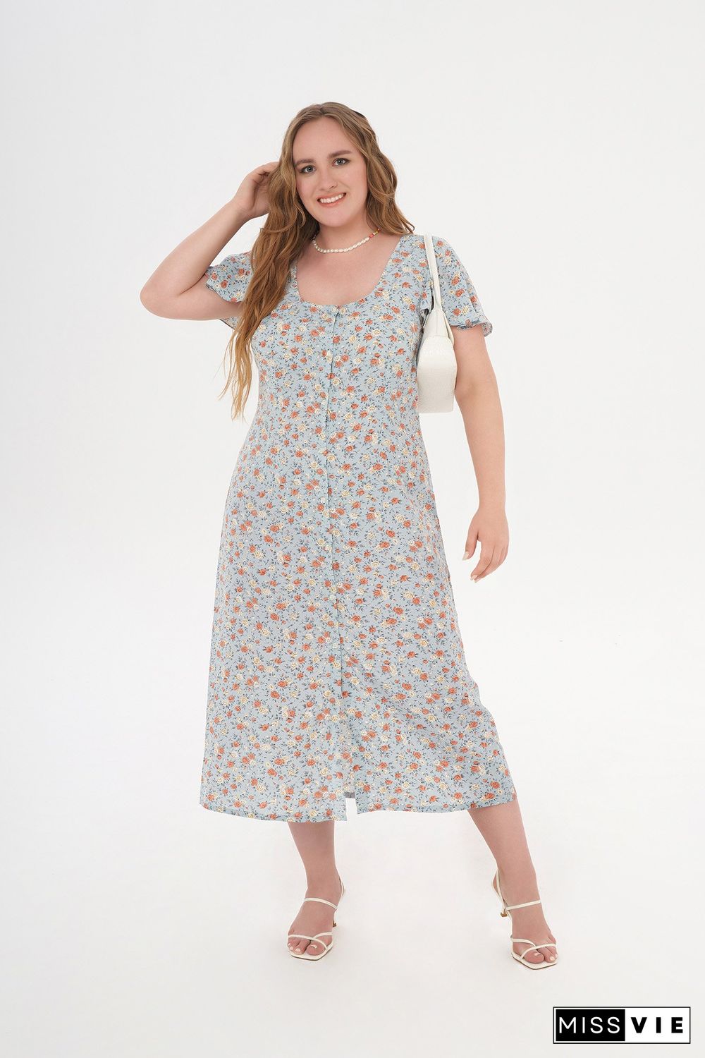 Square-neck Short-sleeved Floral-print Midi Dress P15468