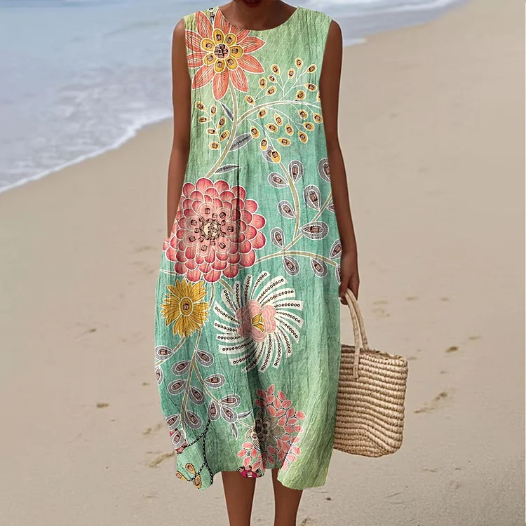 Women's Vintage Floral Art Print Sleeveless Cotton Pocket Wrap Dress
