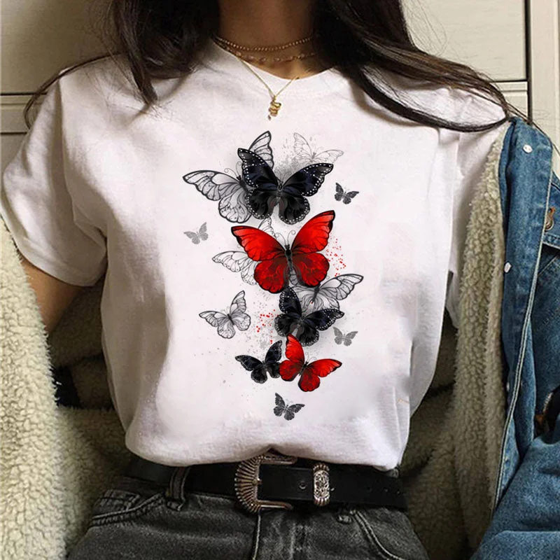 Women Red and Black Butterfly Fashion T Shirt Girl Harajuku Korean Style Graphic Tops Valentine's Day Female T-shirt,Drop Ship