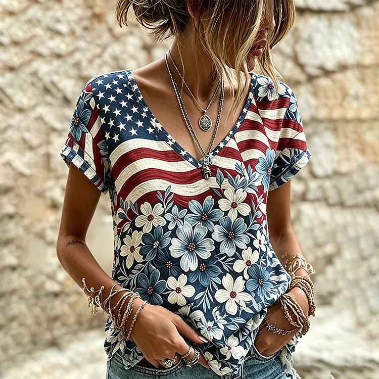 Women's Independence Day Flag Floral Print Linen Blend Casual Short-sleeve T-shirt