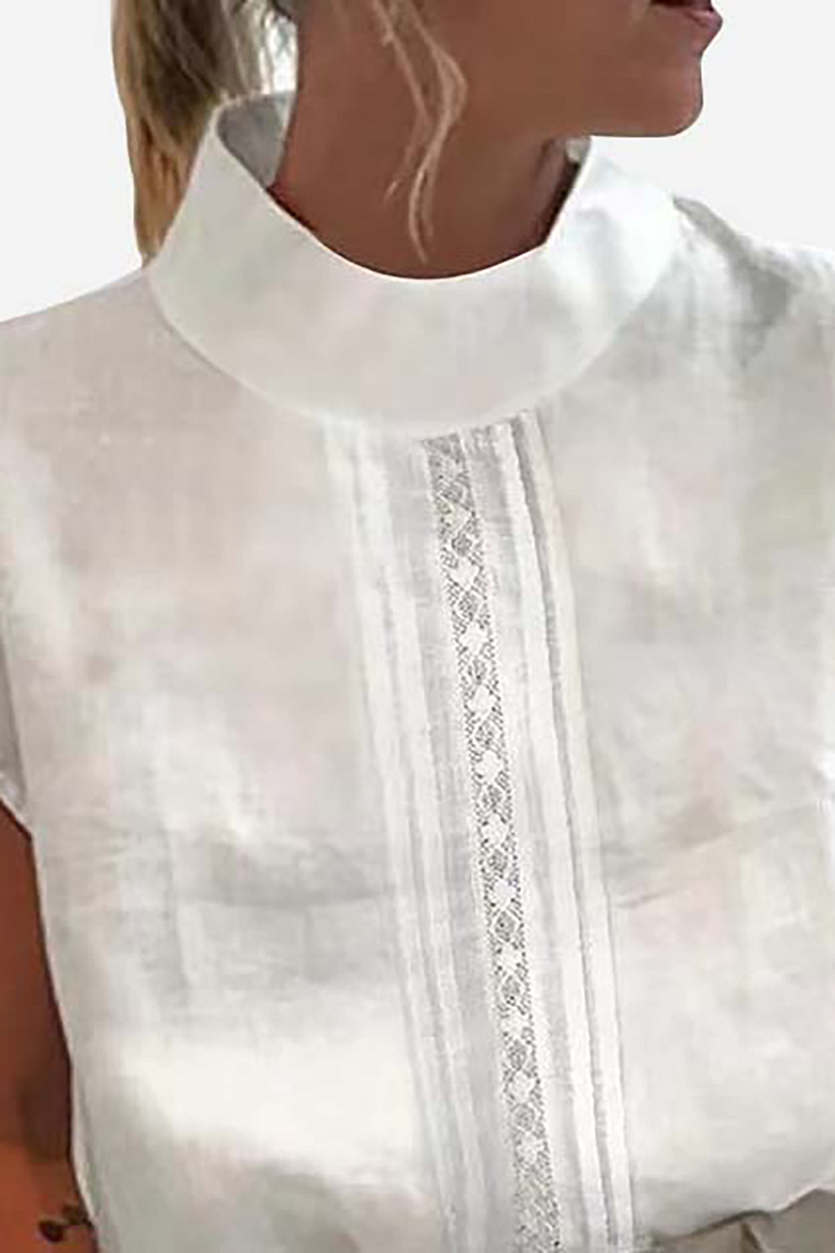 Linen Embroidery Stand Collar Short Sleeve Casual Blouse