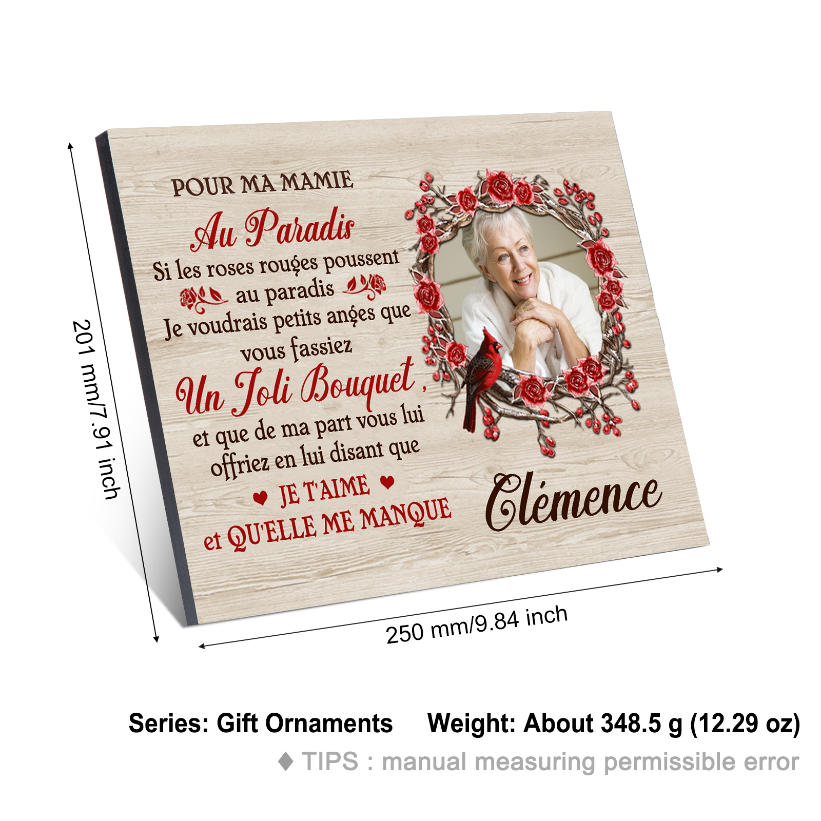 À ma Mamie - Cadre en Bois Commémoratif 1 Prénom et Photo Personnalisés