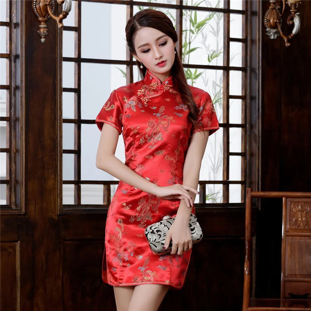 Chinese Qipao Classic Satin Cheongsam Oriental Traditional Chinese Dress