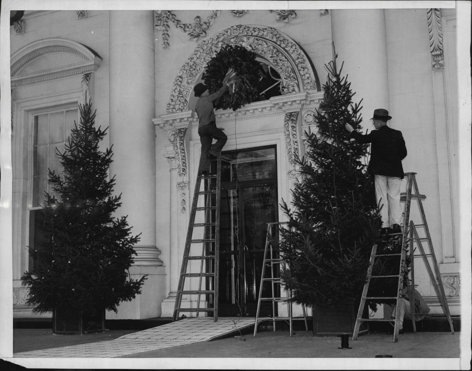 1939 White House North Entrance Christmas Trees Press Photo Poster painting