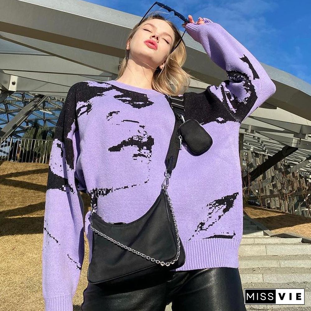 Loose Abstract Figure Printed Sweater