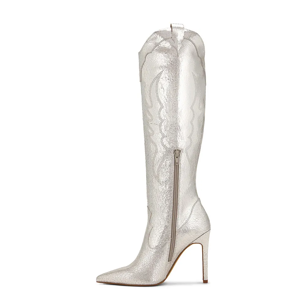 Silver Cracked Metallic Finish Stiletto Heel Embroidered Cowgirl Boots