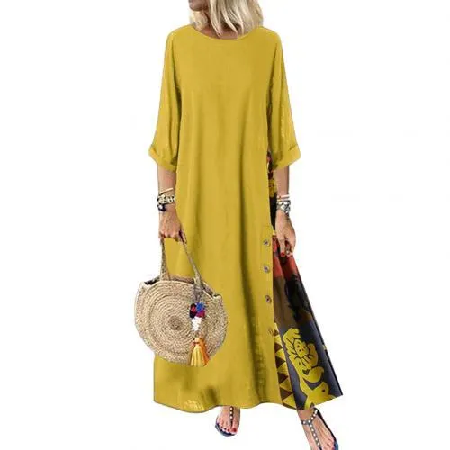 Plus Size Women Vintage O Neck 3/4 Sleeve Side Buttons Printed Loose Long Dress Suitable for party beach work shopping daily