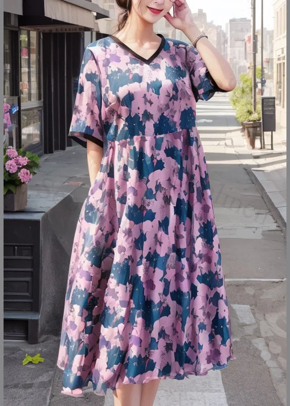 Loose Pink Print Pockets Silk Long Dress Summer