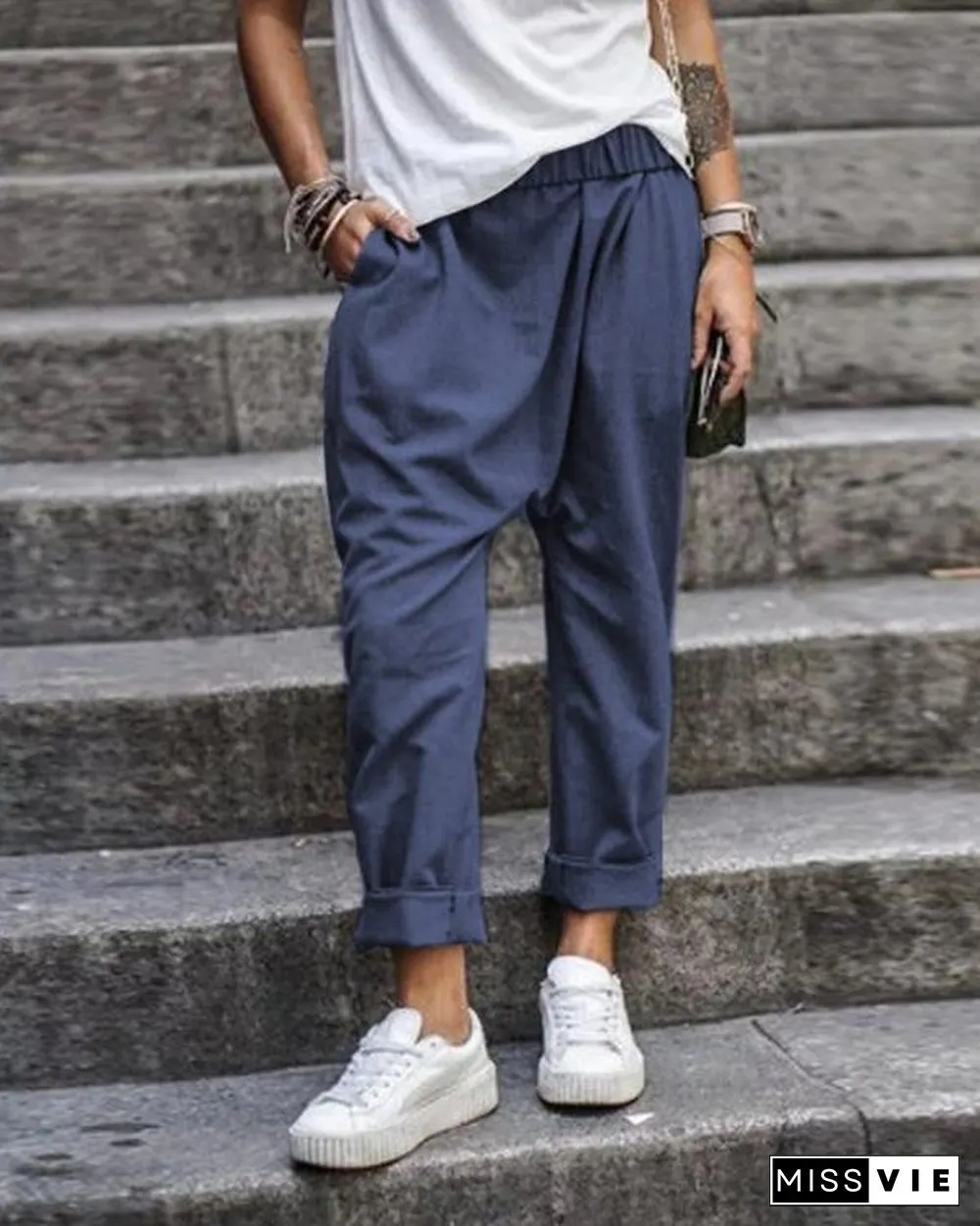 Solid Color Casual Pocket Elastic Waist Harem Pants