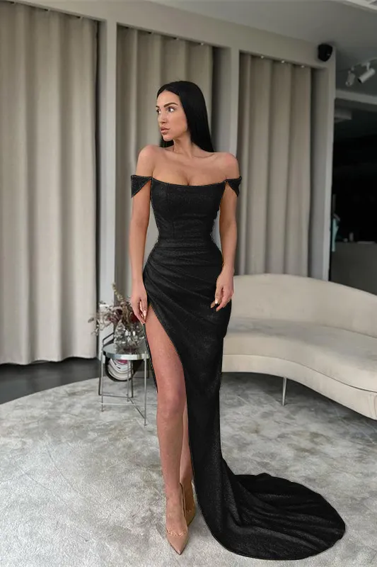Hot Yellow Sequins Off Shoulder Mermaid Prom Dress