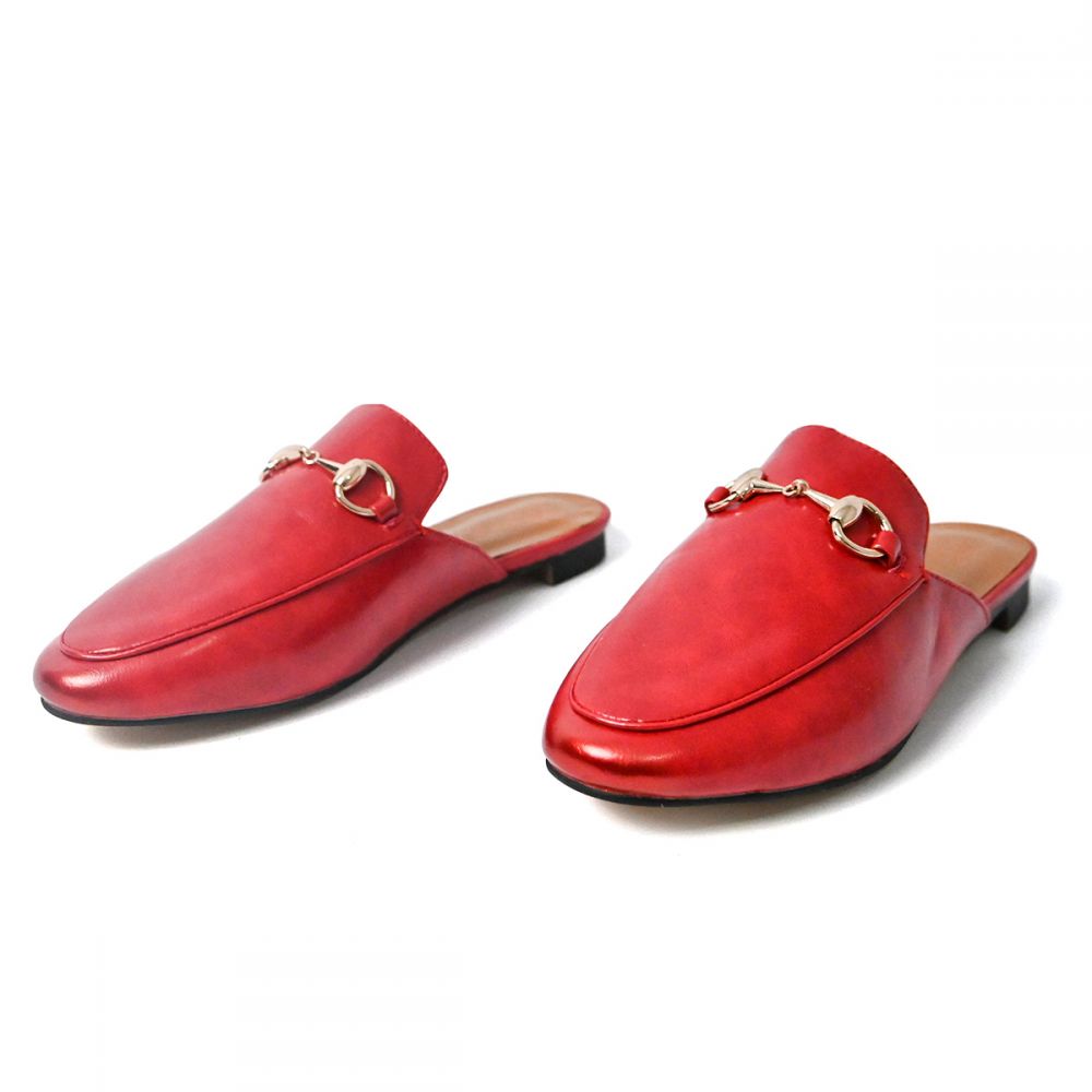 Red Vegan Leather Closed Toe Horsebit Accent Flat Mule Loafers Nicepairs