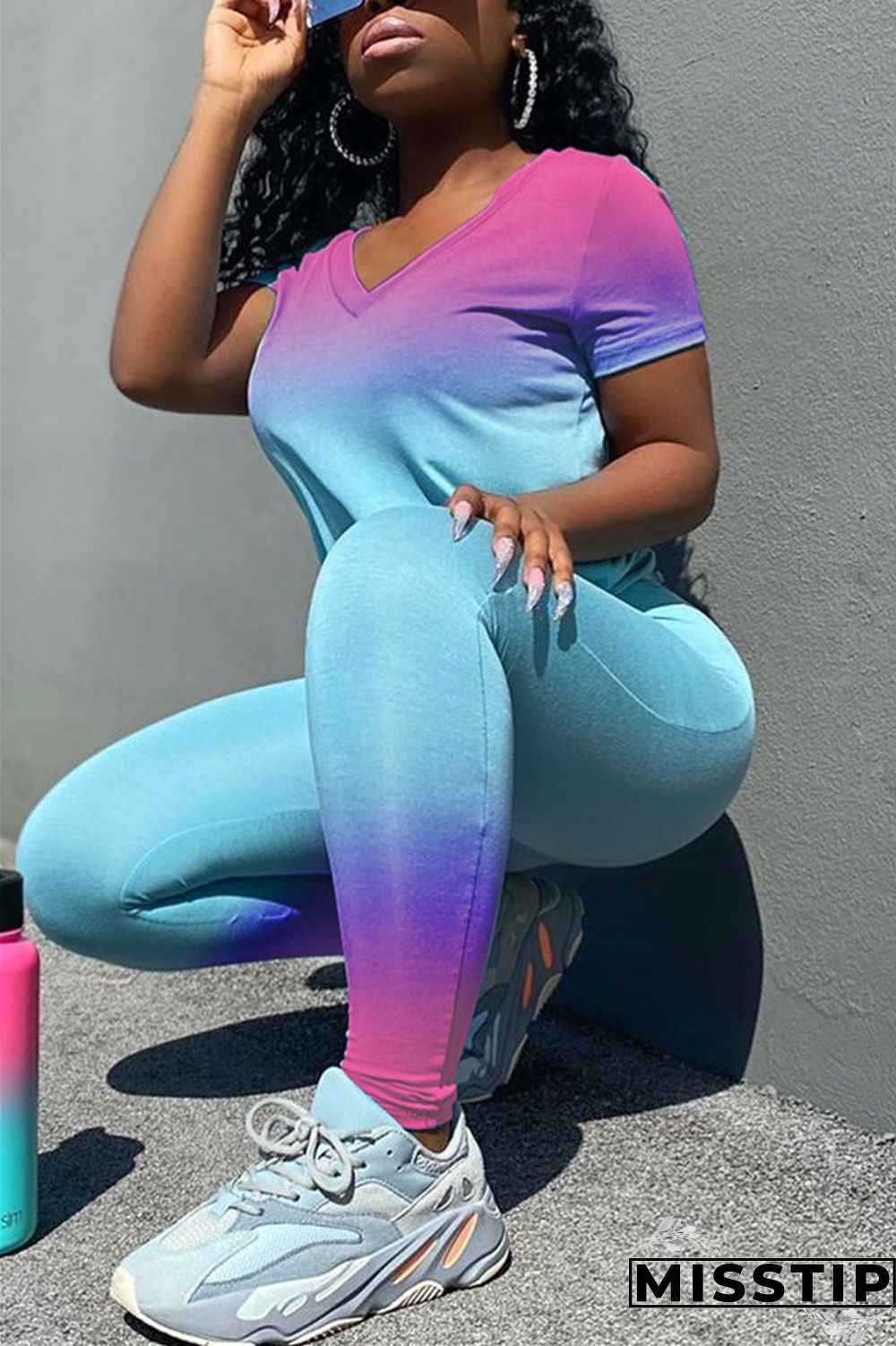 Blue Fashion Gradient Printed T-shirt Trousers Set