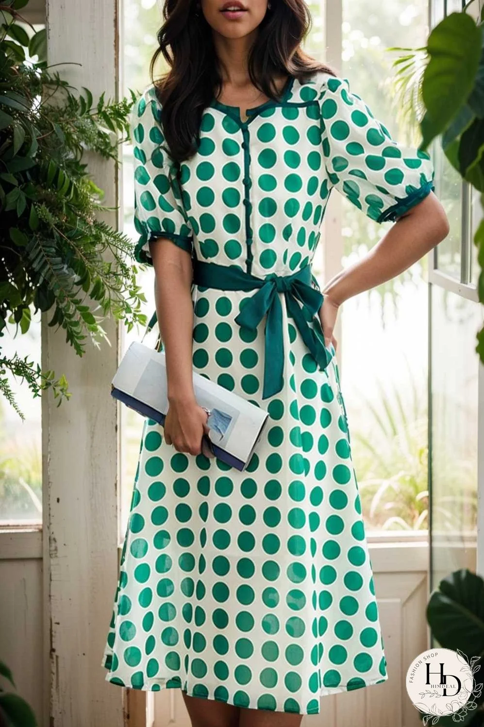 stylish printed high waist polka dot midi dress