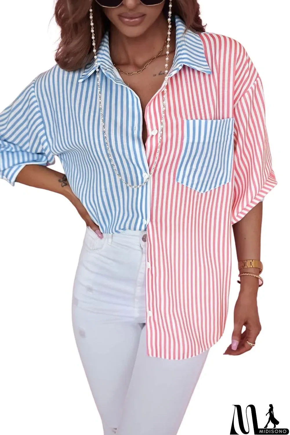 MidiSono - Sky Blue Contrast Striped Print Shirt